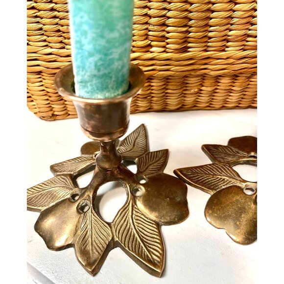 Leaf Design Brass Hand Crafted Candle Holder Set of 2 - Picture 2 of 6